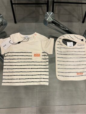 HUGO BOSS Cream & Navy Striped Baby Tee with Matching Bib